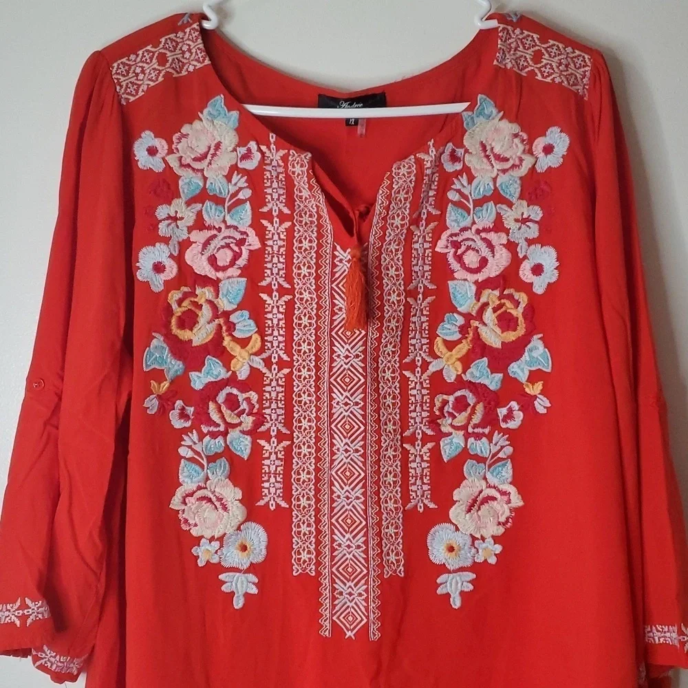 Andree By Unit Womens Plus Size BoHo Embroidered Spring Summer Blouse Top 1X - Picture 2 of 9